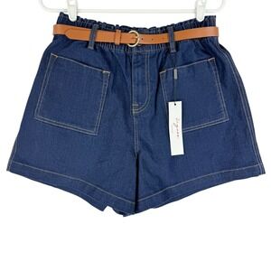 Vigoss Womens Stretch High Rise Belted Paperbag Blue Denim Shorts Size 13/31 NWT